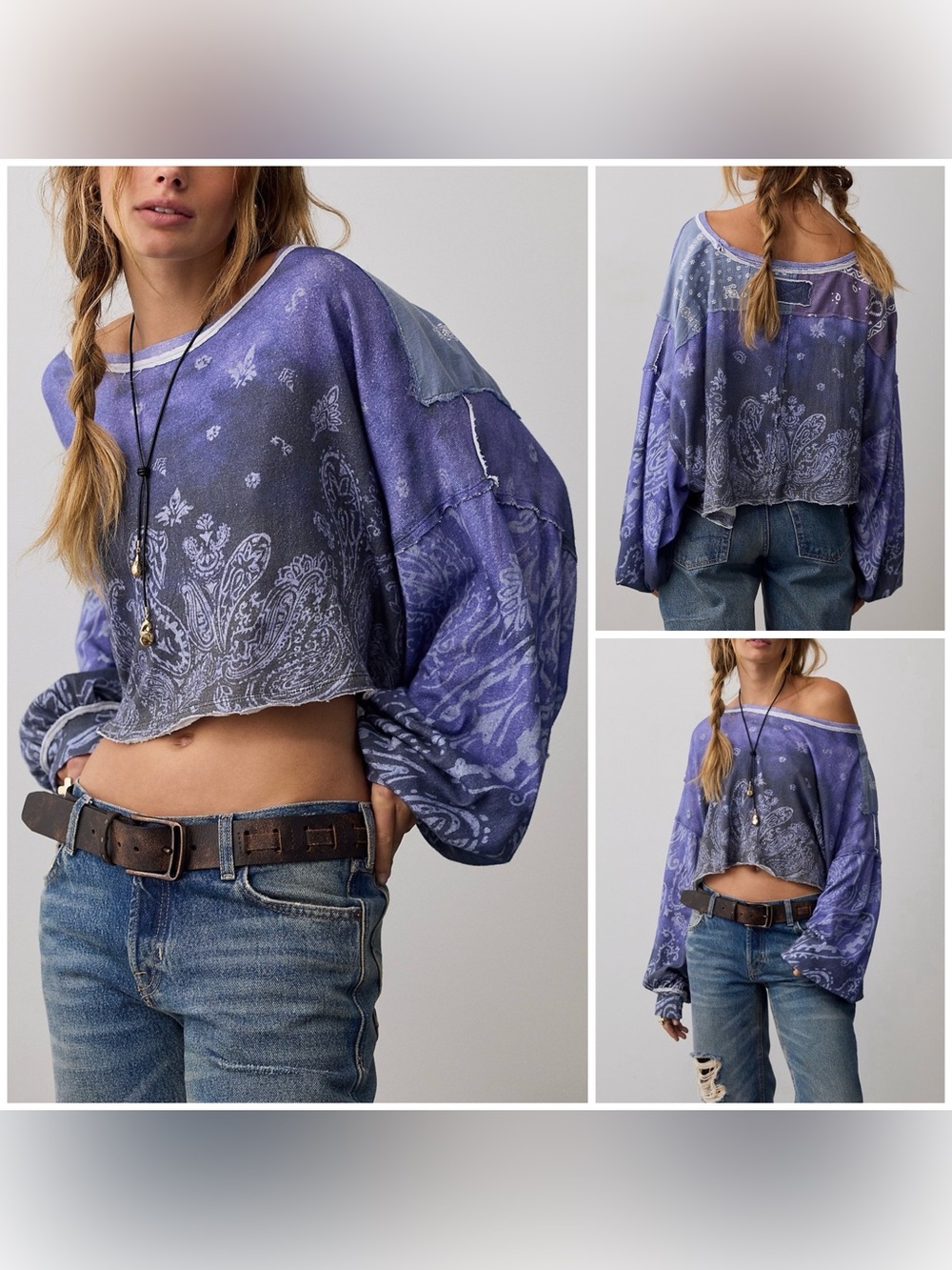 NWOT Free People We The Free Dylan Long-Sleeve Tee - Blueberry Burst Combo - XL
